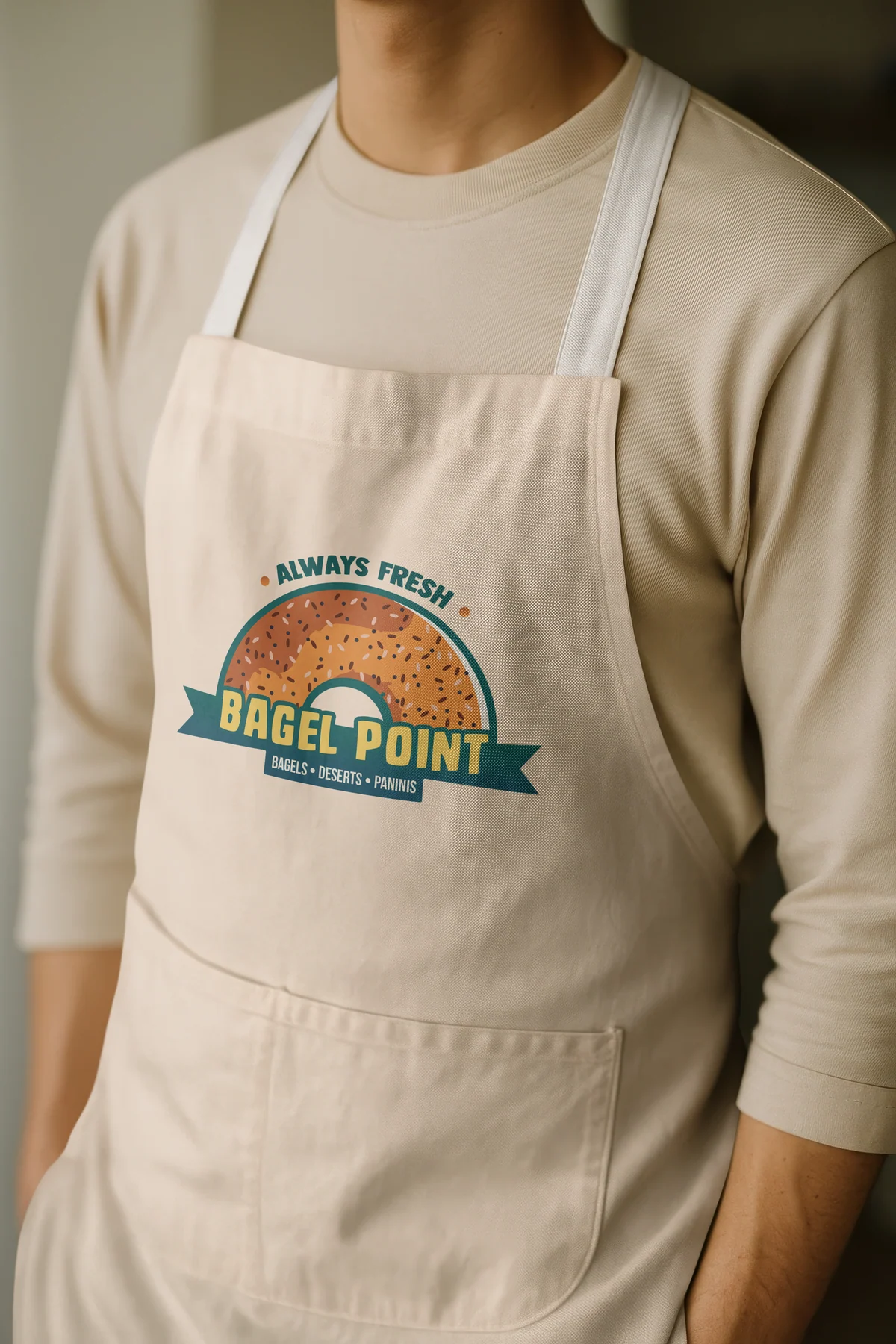 Bagel Point branded apron, close-up