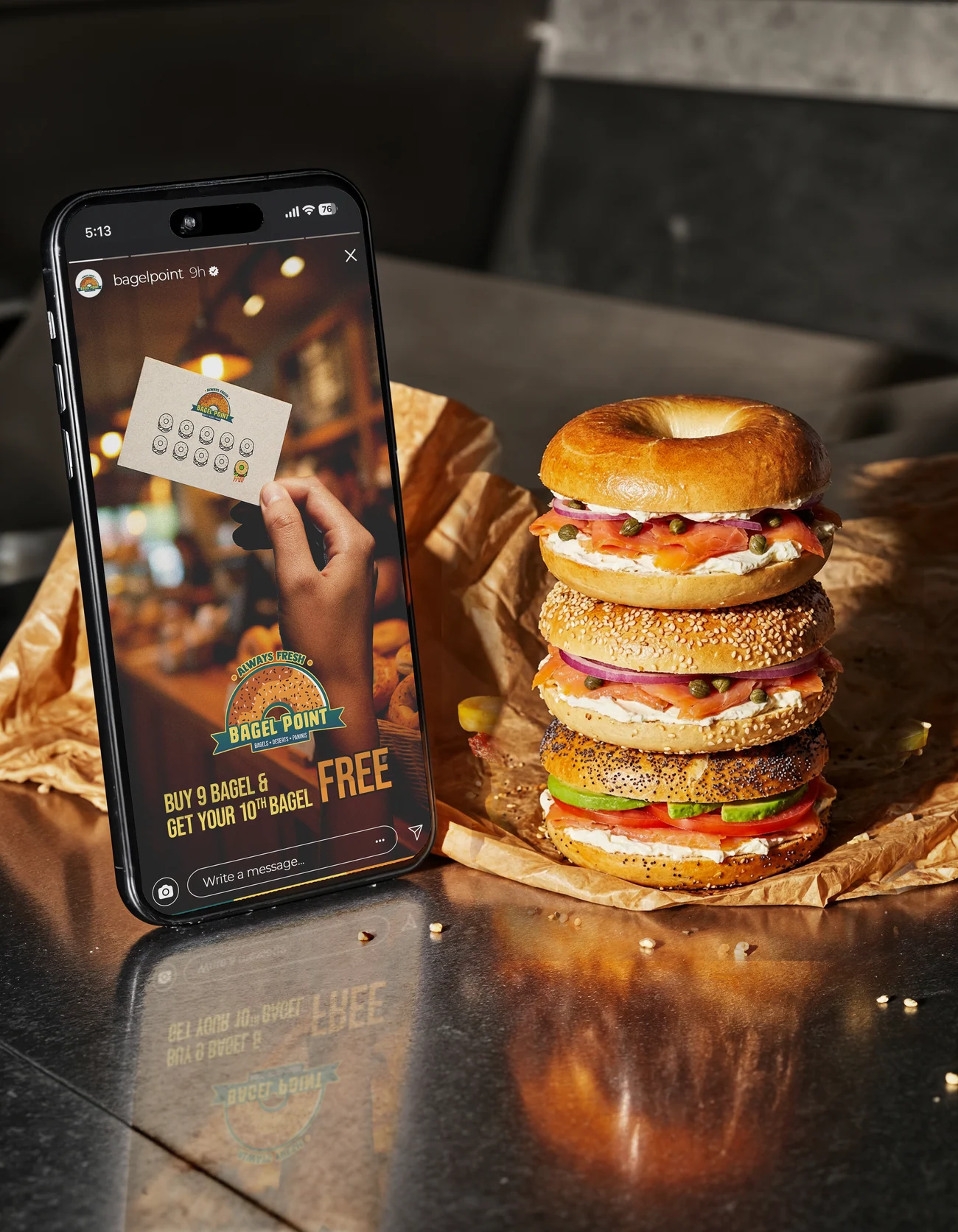 Bagel Point Instagram story with loyalty stamp card