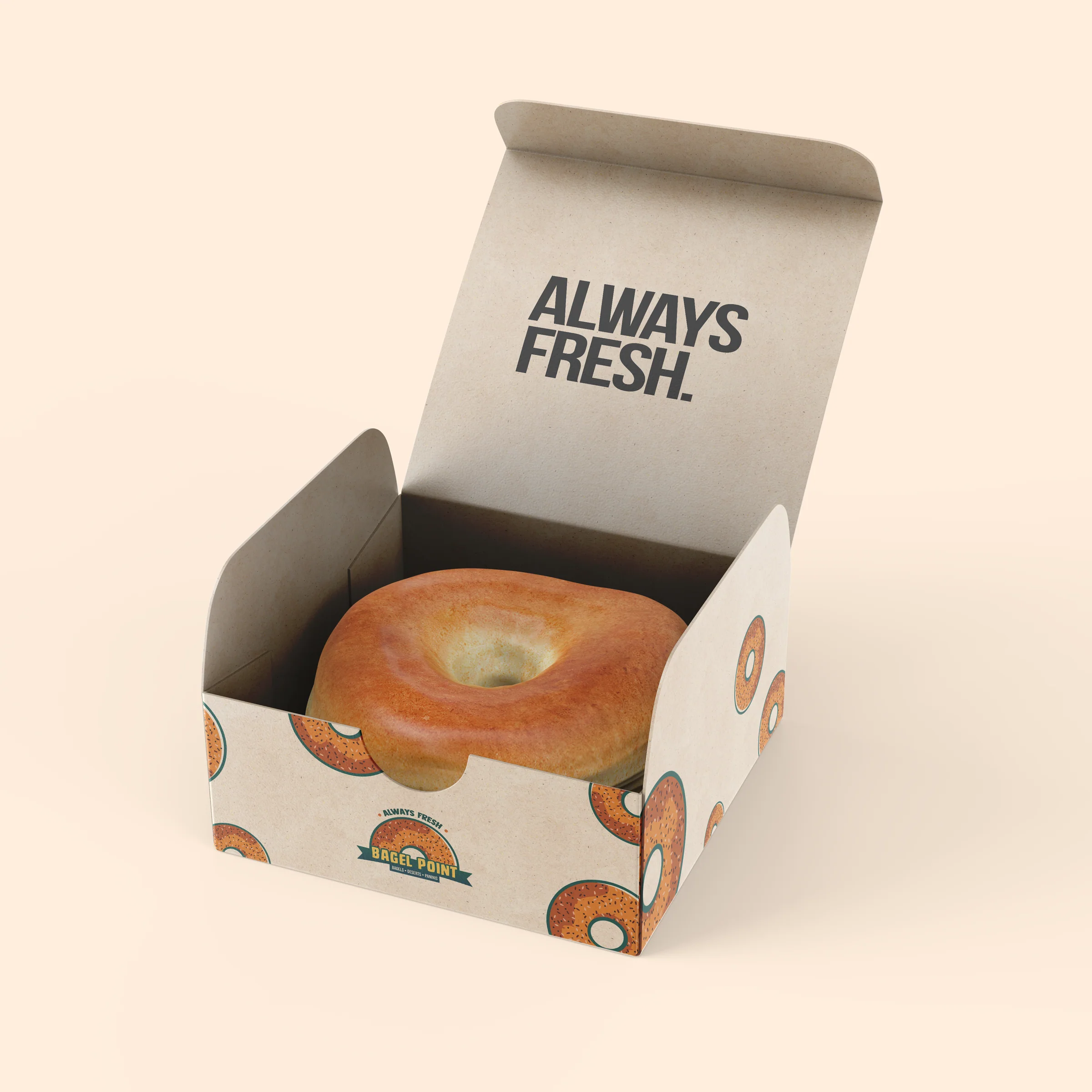 Opened Bagel Point box with bagel inside, Always Fresh printed on the lid