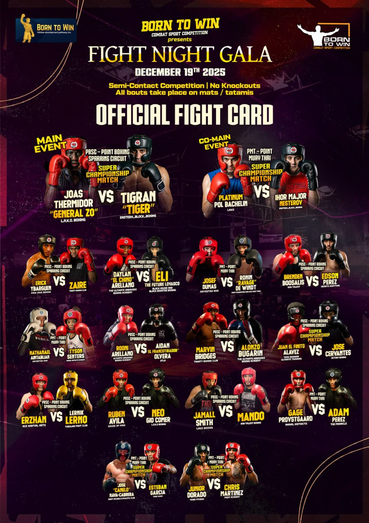 Fight Night Gala official fight card, December 19 2025