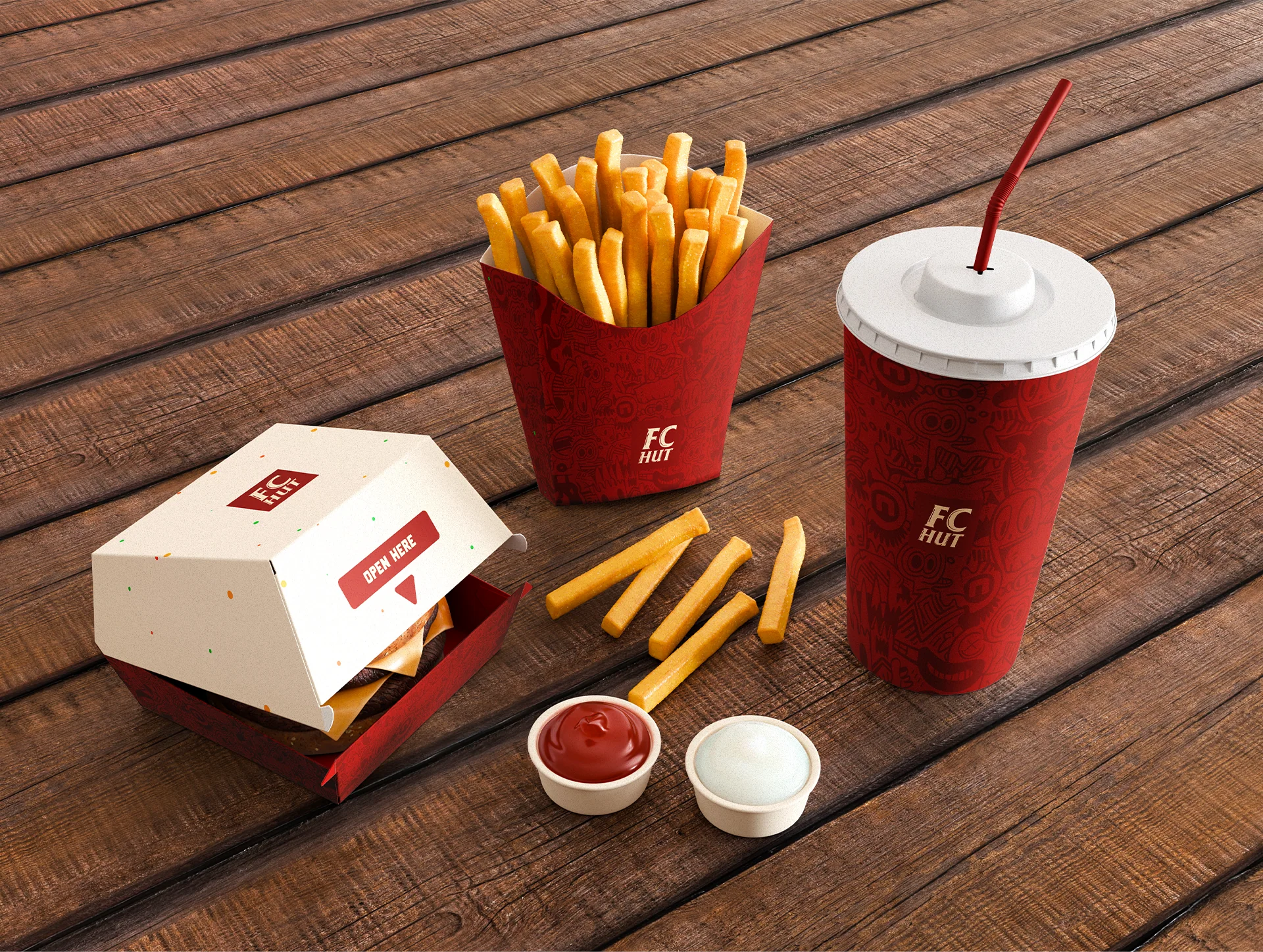 FC Hut packaging — branded burger box, fries carton and drink cup