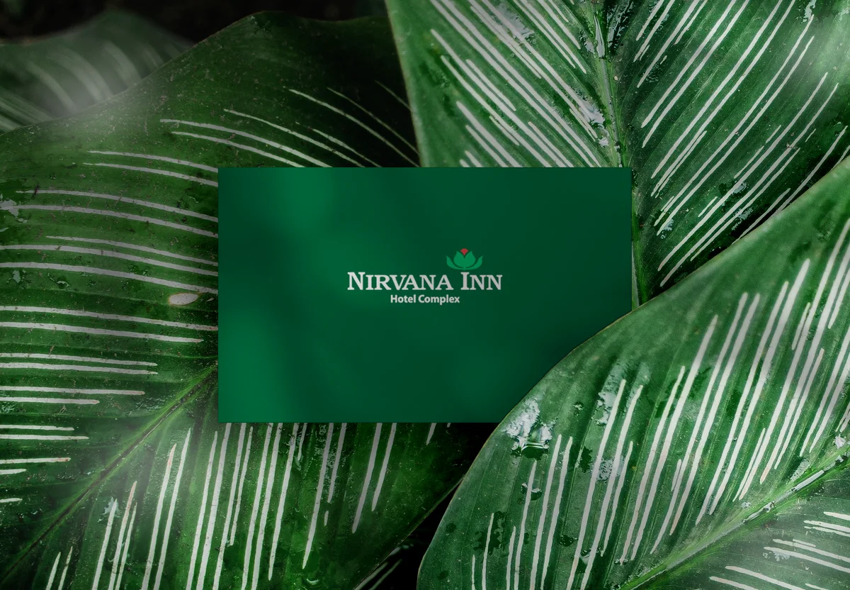 Nirvana Inn business card mockup on leaves
