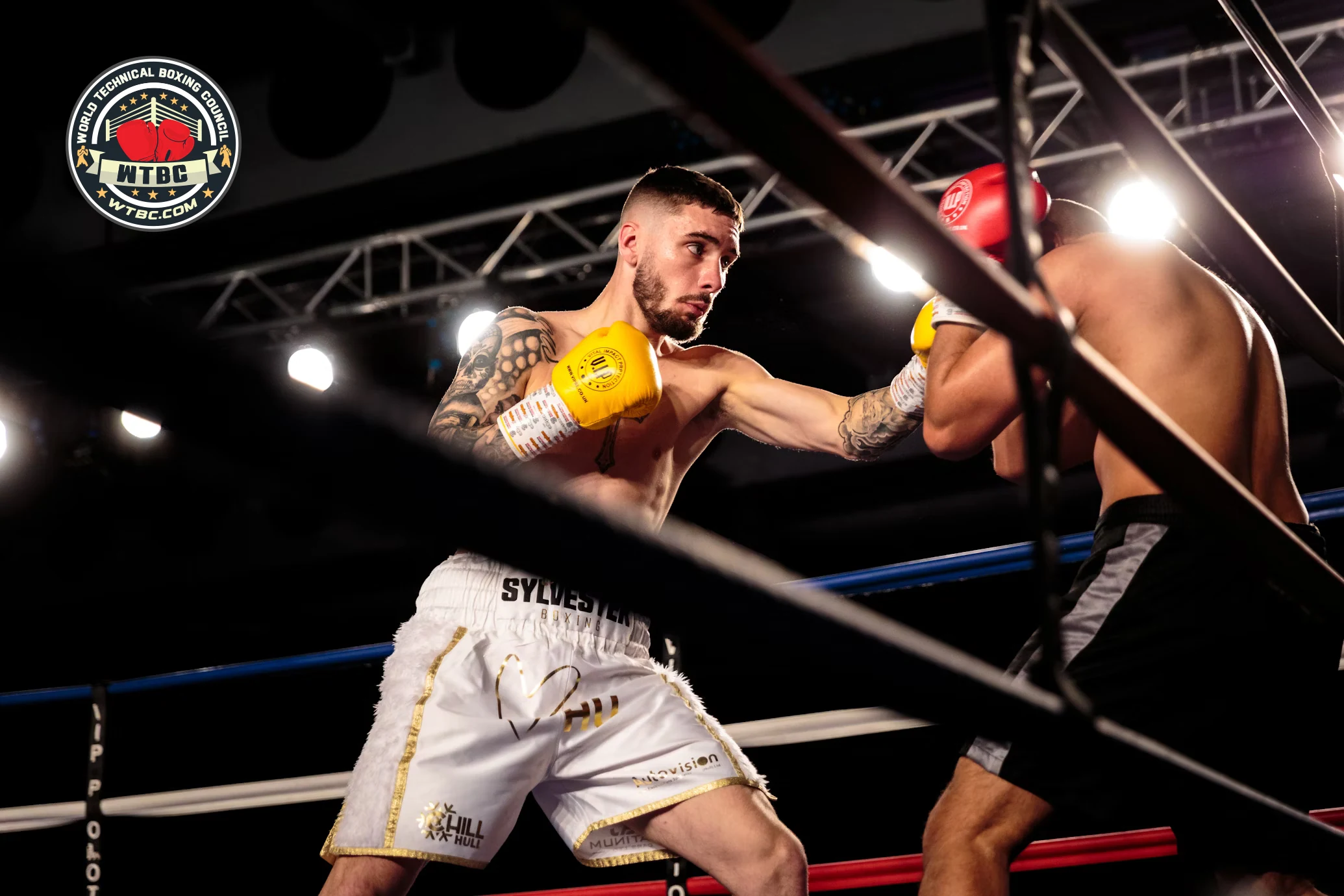 Fighter in WTBC-branded shorts landing a punch in the ring